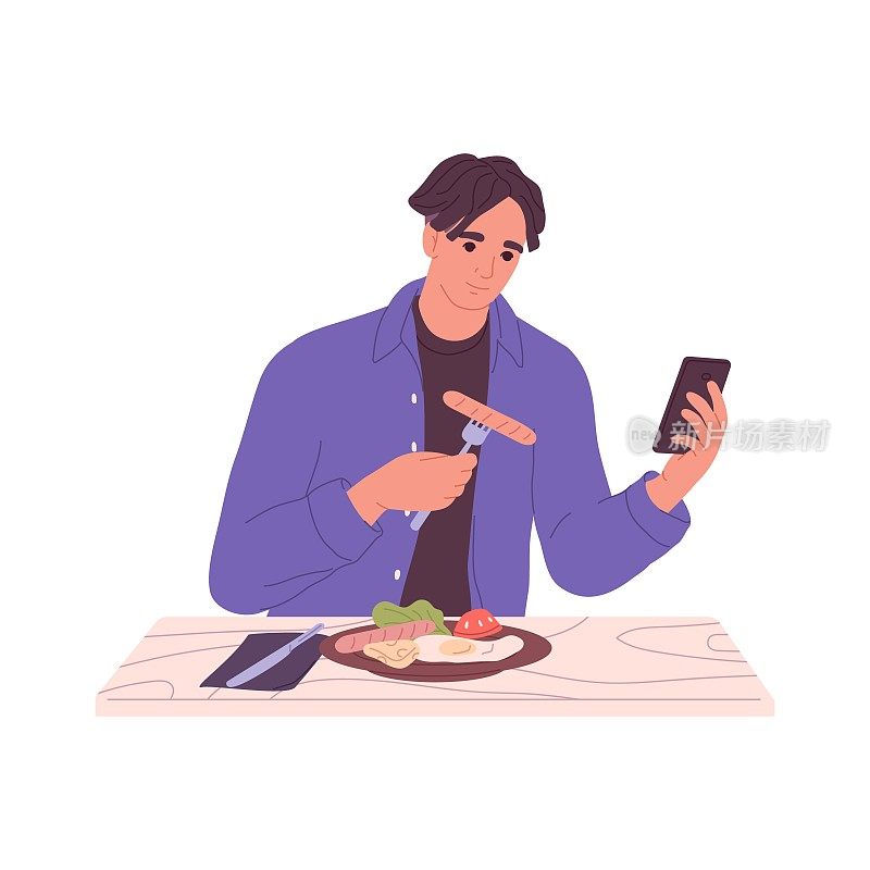 Man eating English breakfast, using mobile phone. Young person sitting with morning food at dining table, chatting online with smartphone. Flat vector illustration isolated on white background
